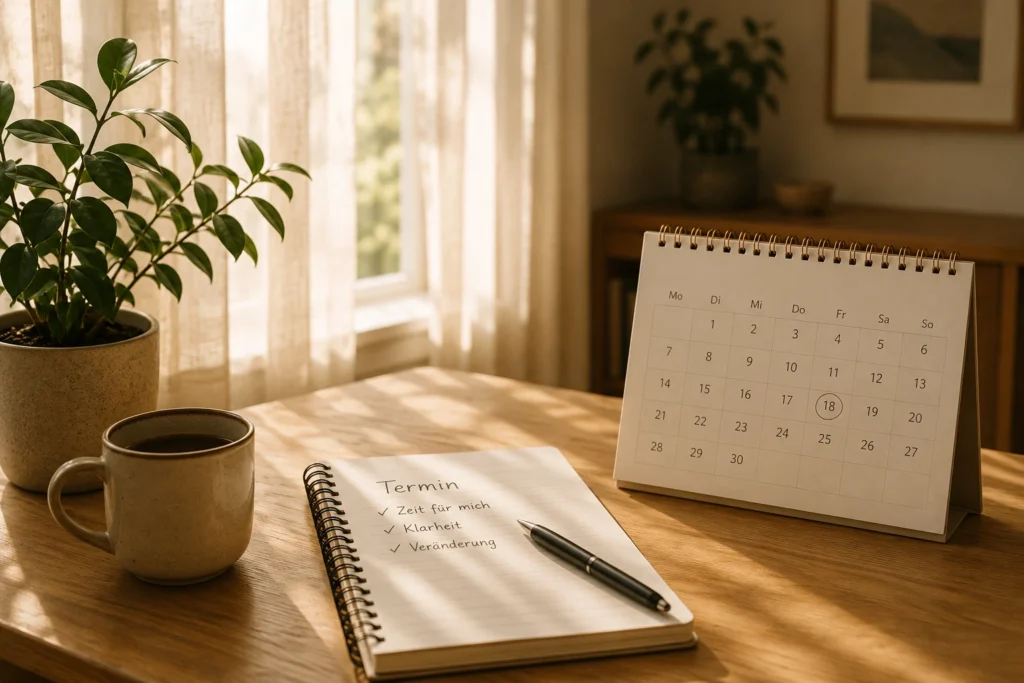 Aufgeschlagenes Notizbuch mit Stift, eine Tasse Kaffee, eine Zimmerpflanze und ein Tischkalender auf einem Holztisch
